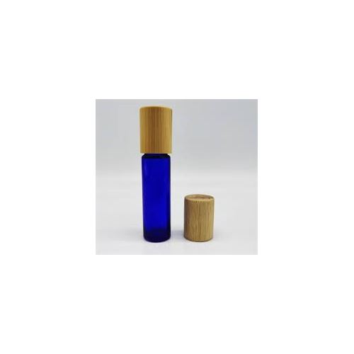 Sklenený roll-on s kovovou guličkou a bambusovým viečkom, modrá, 10 ml